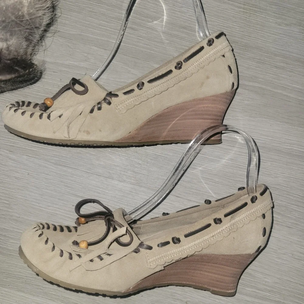 Sam Edelmann Tan Suede Fringe Wedge Moccasin Shoes 8M designer southwest western